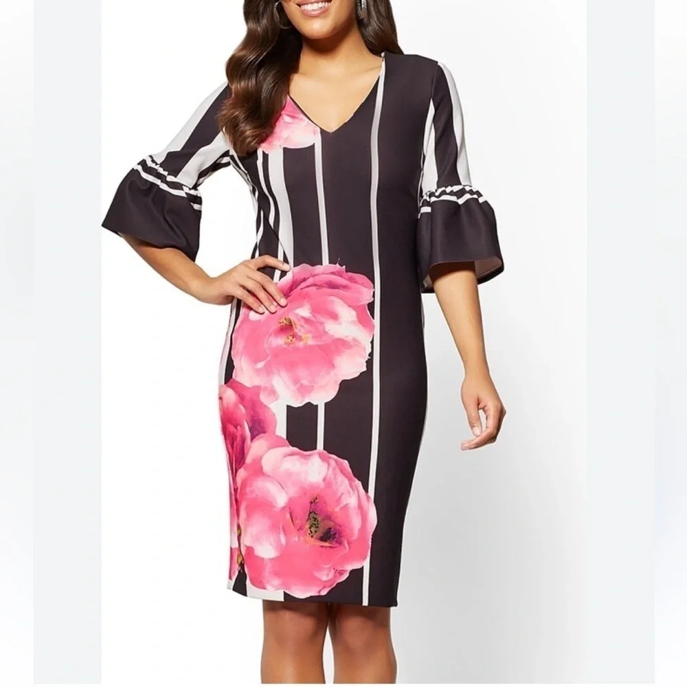 New York & Company NWT Bell-Sleeve Sheath Floral Black White Pink Shift Dress 10